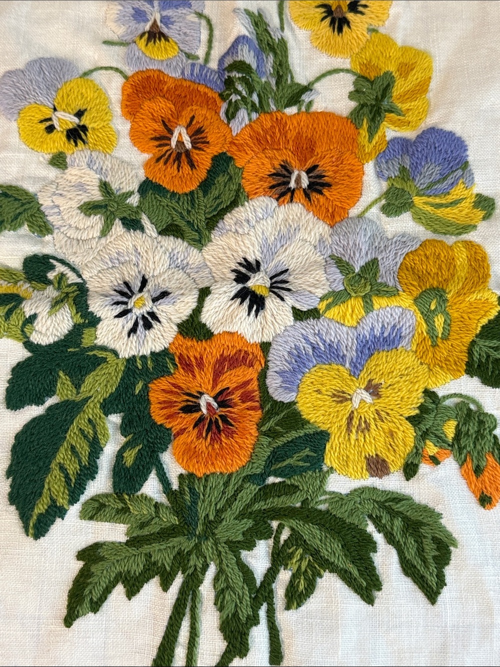 Vintage 1977 Erica Wilson Columbia Minerva Crewel Embroidery Pansy Bouquet Panel